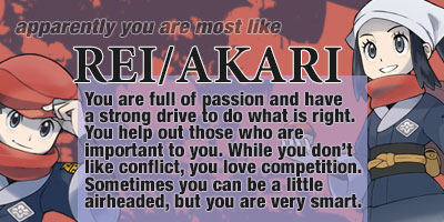 A graphic showing Rei and Akari from Pokemon Legends Arceus. Transcript: Apparently you are most like Rei/Akari. You are full of passion and have a strong drive to do what is right. You help out those who are important to you. While you don't like conflict, you love competition. Sometimes you can be a little airheaded, but you are very smart.